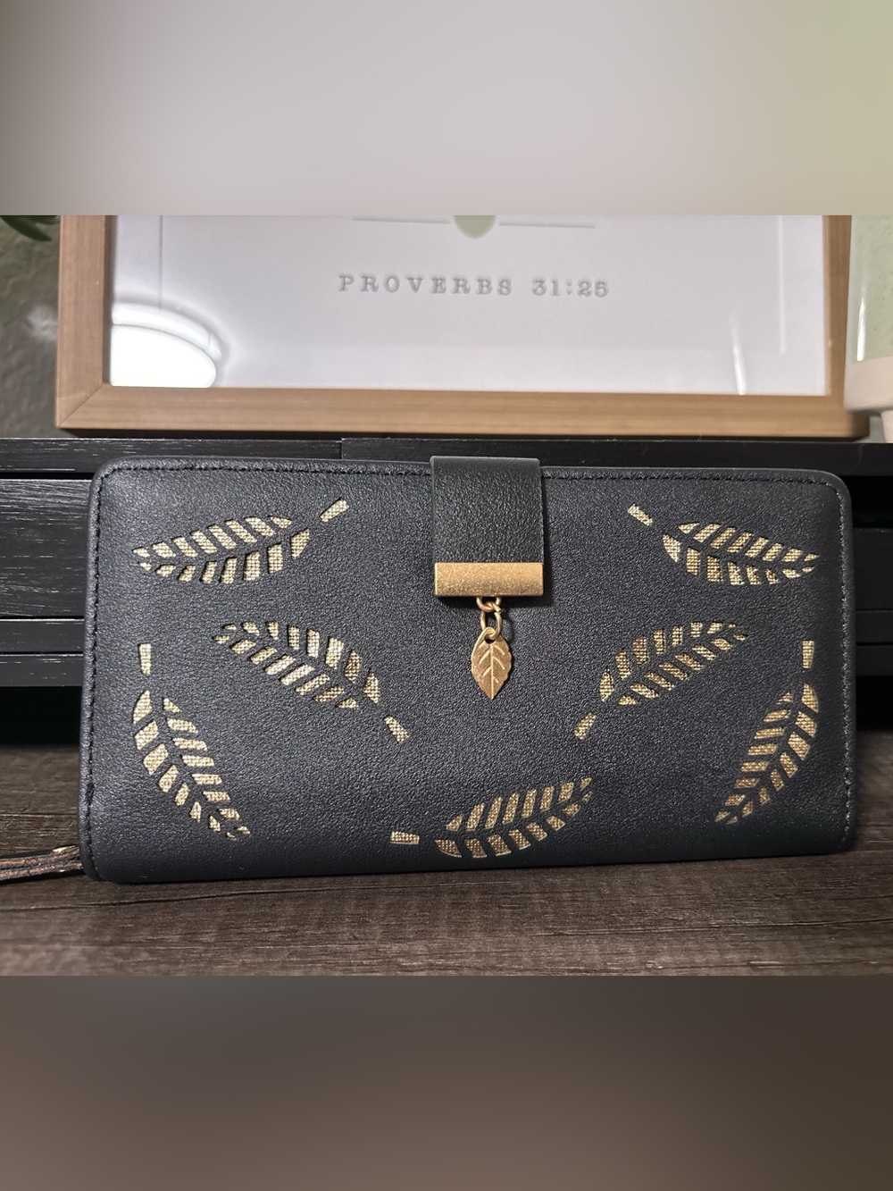 NWOT Black Wallet with Gold Leaf Cutouts